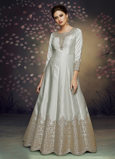 Grey satin silk gown style embroidered anarkali suit 3076